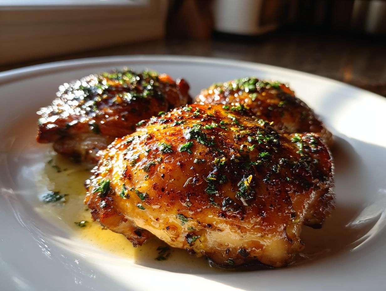 Three golden-brown, juicy garlic butter chicken thighs seasoned with herbs on a white plate.
