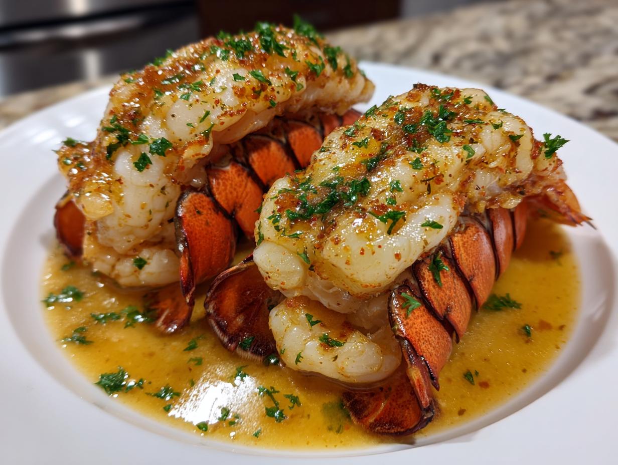 Two succulent lobster tails cooked in garlic butter and garnished with parsley, part of a lobster tail recipe.
