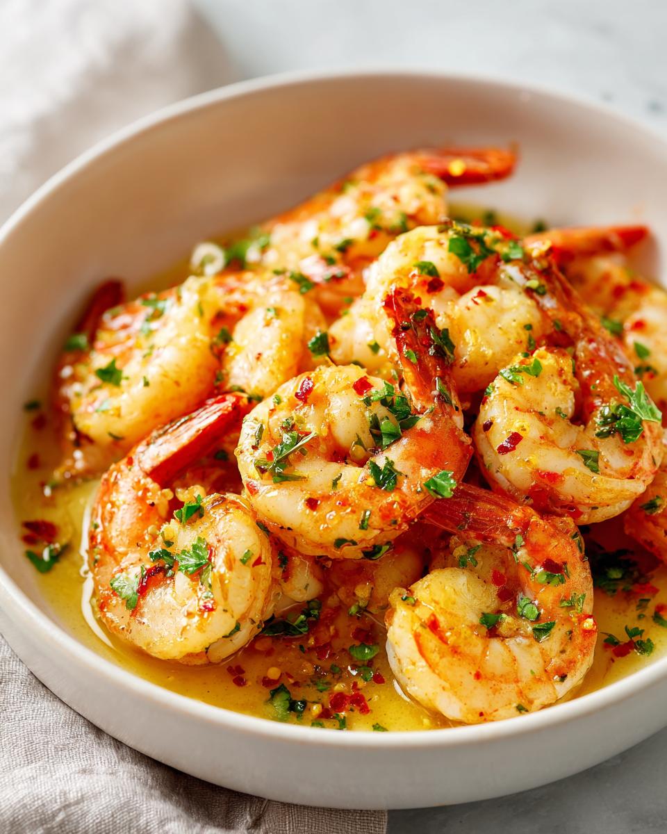 Close-up of garlic butter shrimp garnished with herbs and red pepper flakes in a white bowl.