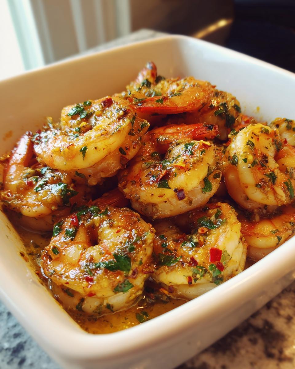 Close-up of garlic butter shrimp cooked with herbs and spices in a white dish.