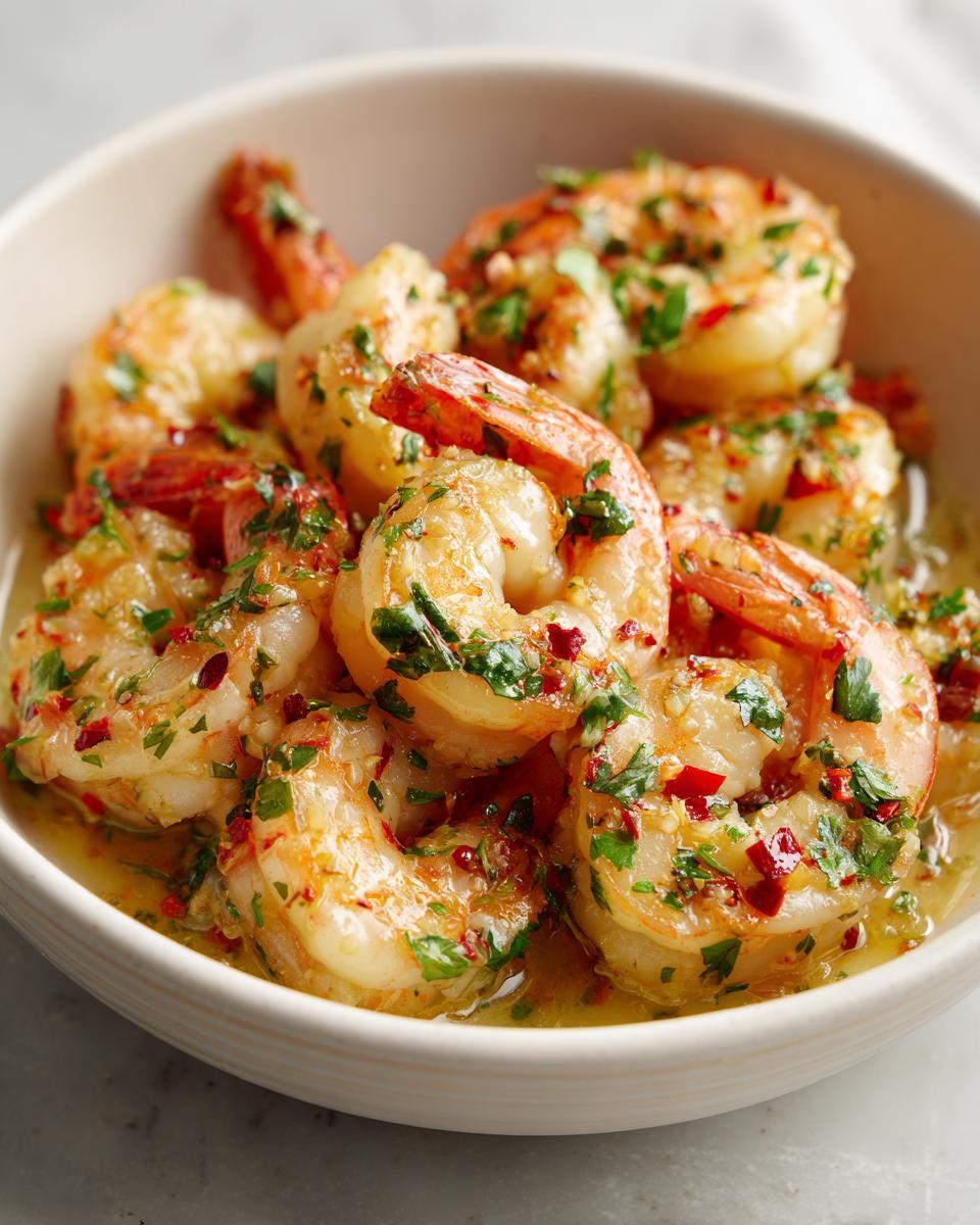 Close-up of garlic butter shrimp cooked with herbs and chili flakes in a white bowl.