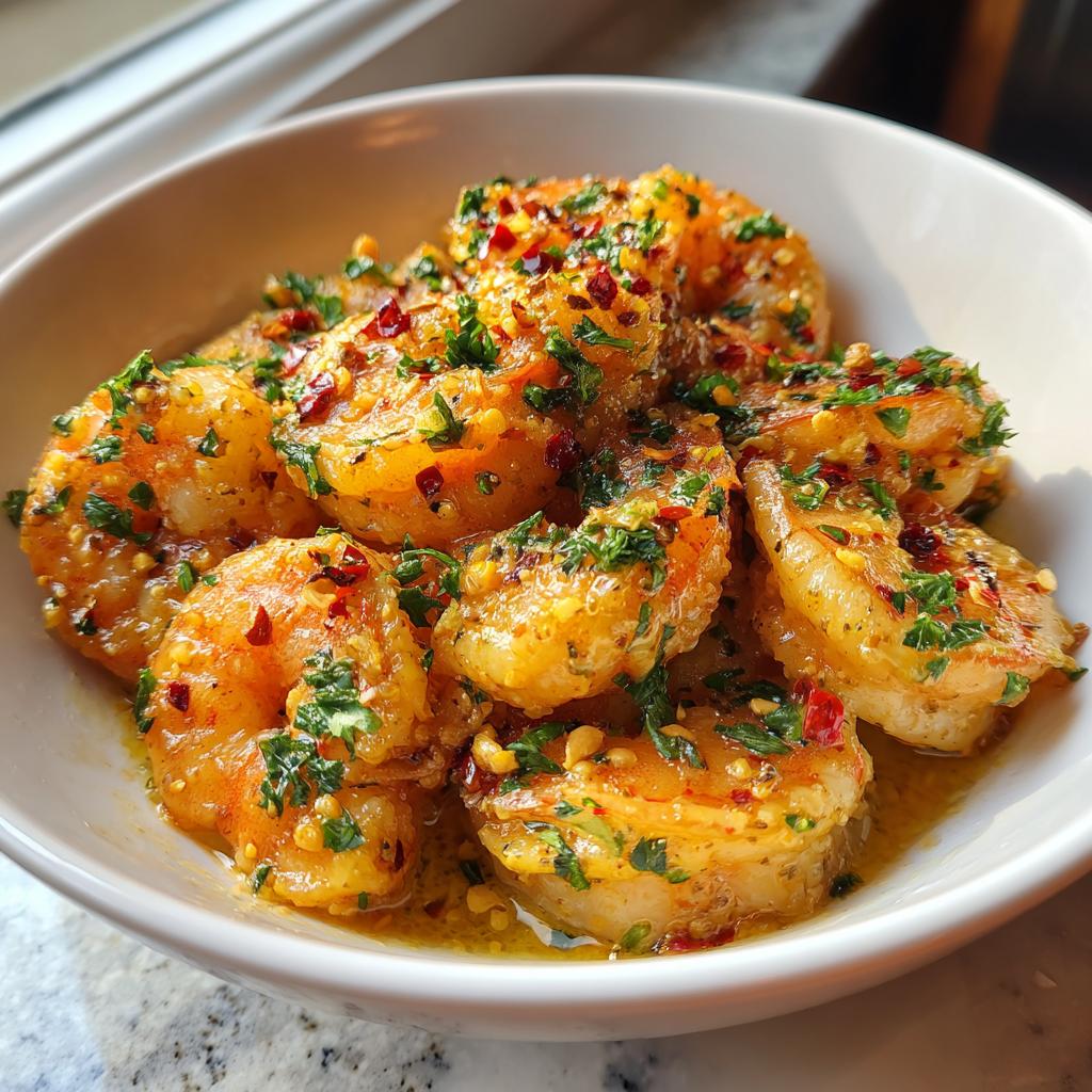 Close-up of garlic butter shrimp garnished with chopped parsley and red pepper flakes in a white bowl.