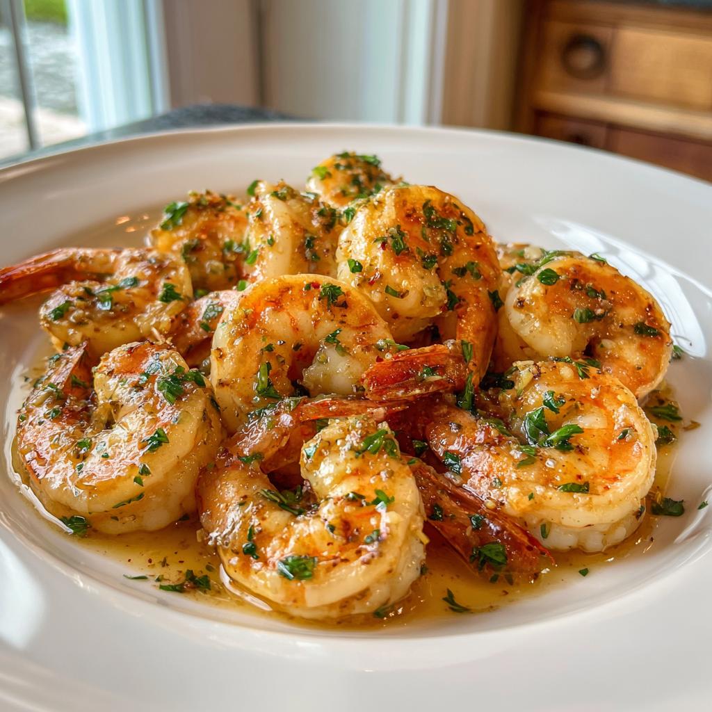 A plate of glistening garlic butter shrimp, seasoned with fresh parsley, perfect for shrimp recipes.