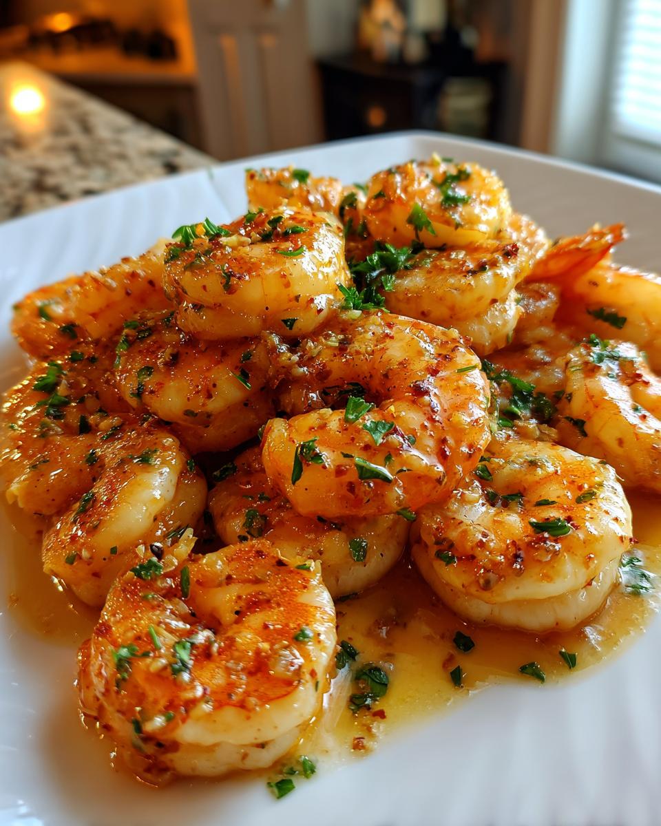 A close-up of juicy garlic butter shrimp, glistening with sauce and sprinkled with fresh parsley, perfect for shrimp recipes.