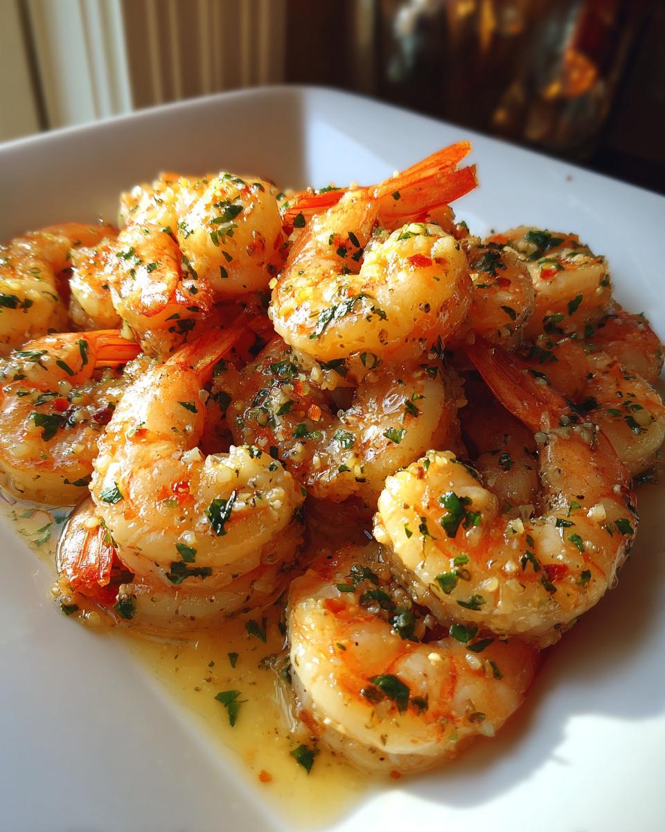 Close-up of a plate piled high with glistening garlic butter shrimp, seasoned with parsley and chili flakes.
