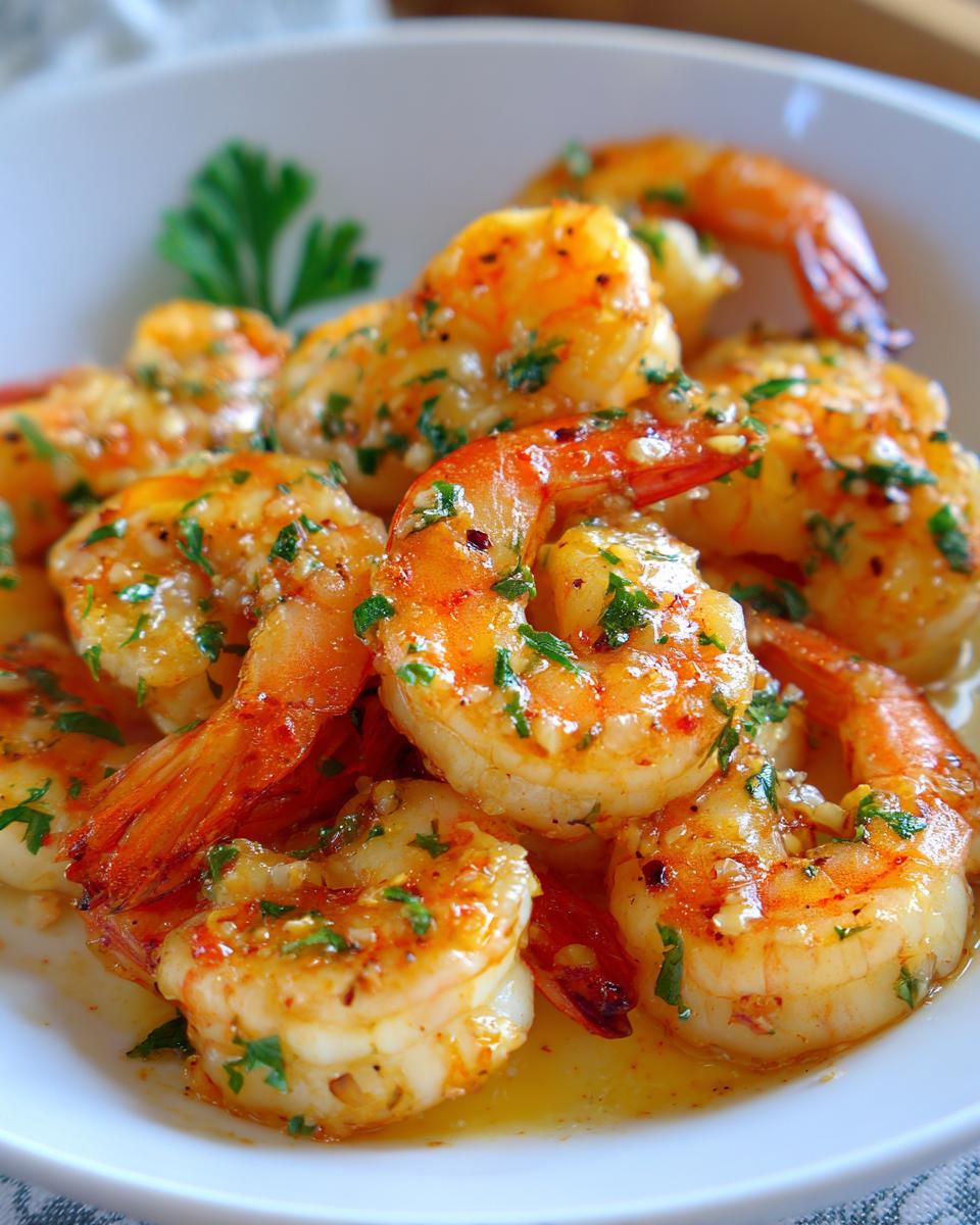 A close-up of plump, juicy shrimp coated in glistening garlic butter sauce and fresh parsley, showcasing one of the best shrimp recipes.