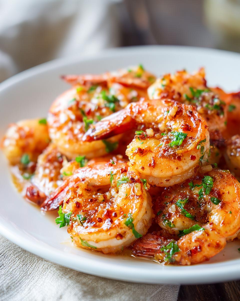 Close-up of succulent garlic butter shrimp, glistening with sauce and sprinkled with fresh parsley.