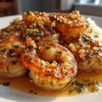 Close-up of succulent garlic butter shrimp served over fluffy white rice, garnished with fresh parsley.