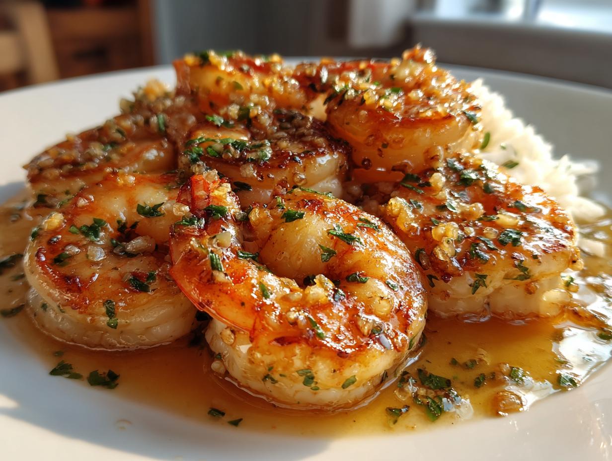 Close-up of succulent garlic butter shrimp served over fluffy white rice, garnished with fresh parsley.