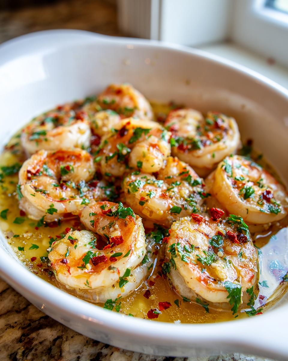 Close-up of garlic butter shrimp garnished with herbs and red pepper flakes in a white dish.