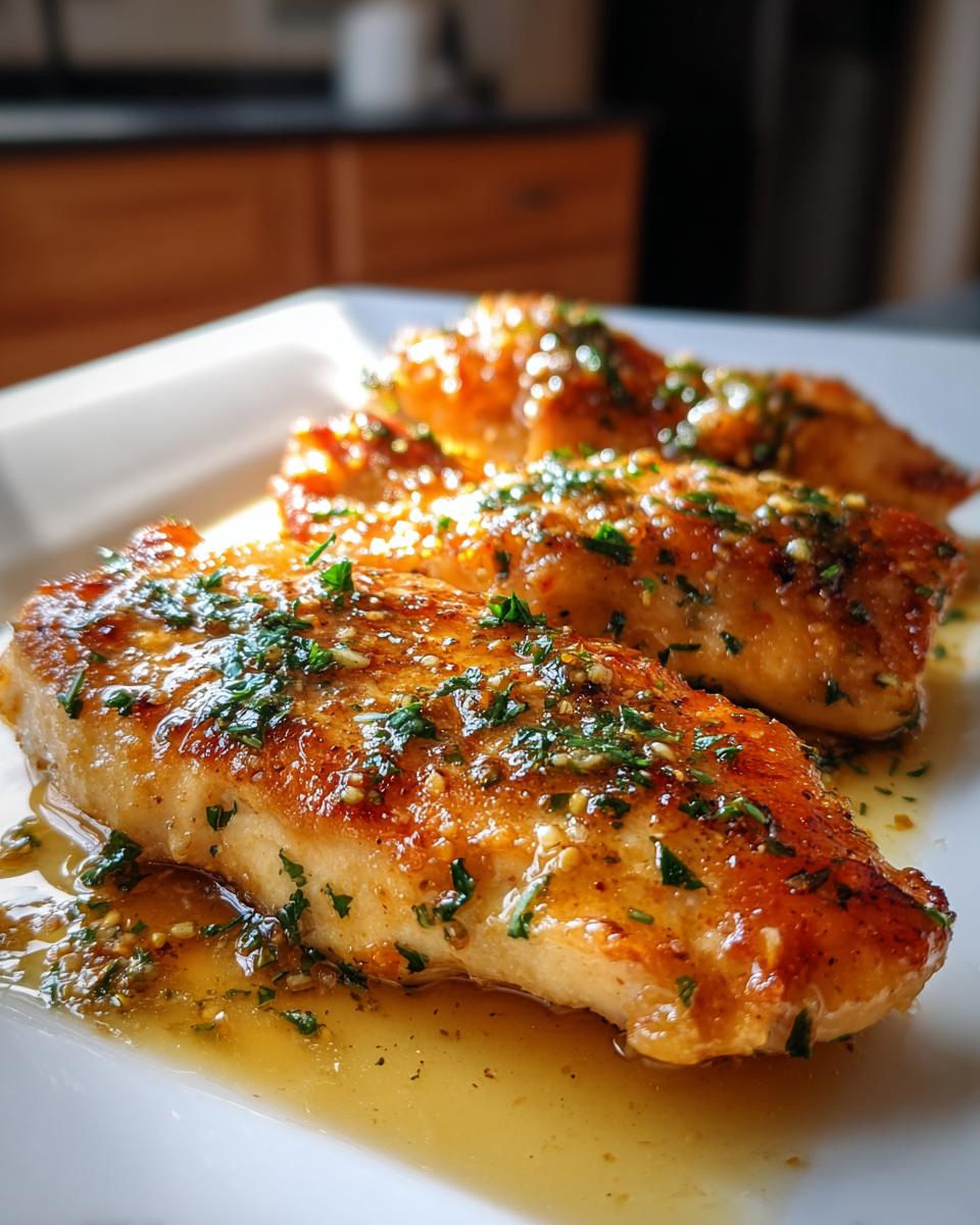 Close-up of savory garlic herb chicken dinner garnished with fresh herbs and sauce on a white plate.