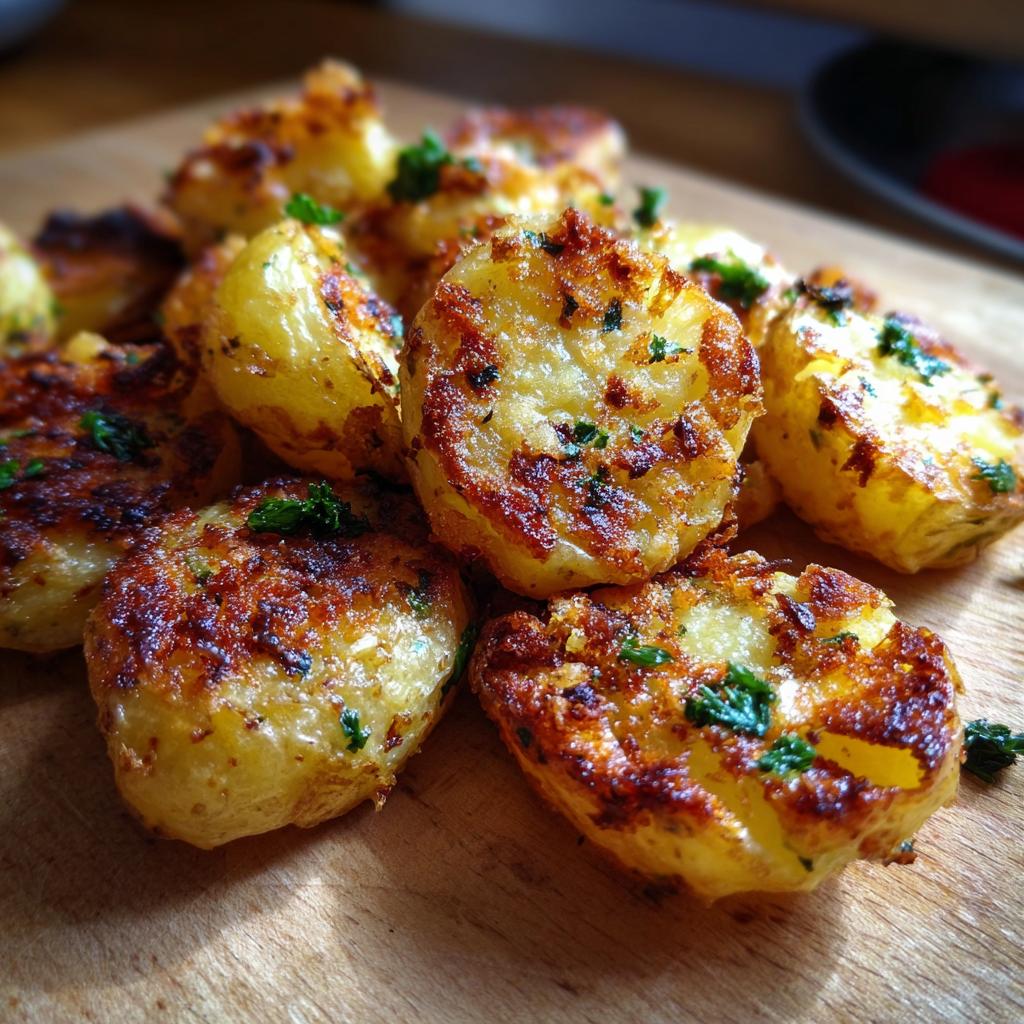 Close-up of golden garlic roasted potatoes garnished with fresh herbs on wooden board, side dishes