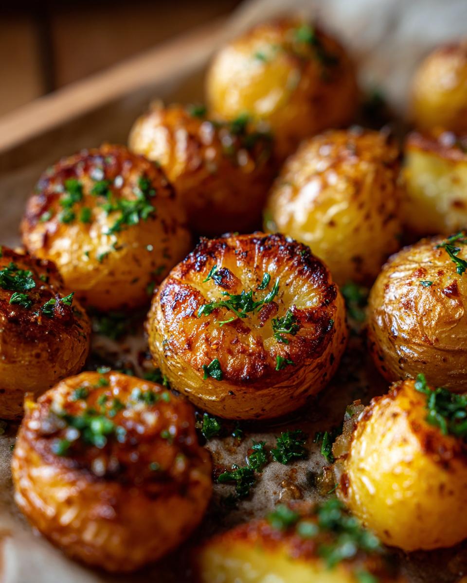 Close-up of garlic roasted potatoes garnished with fresh herbs, perfect side dishes.