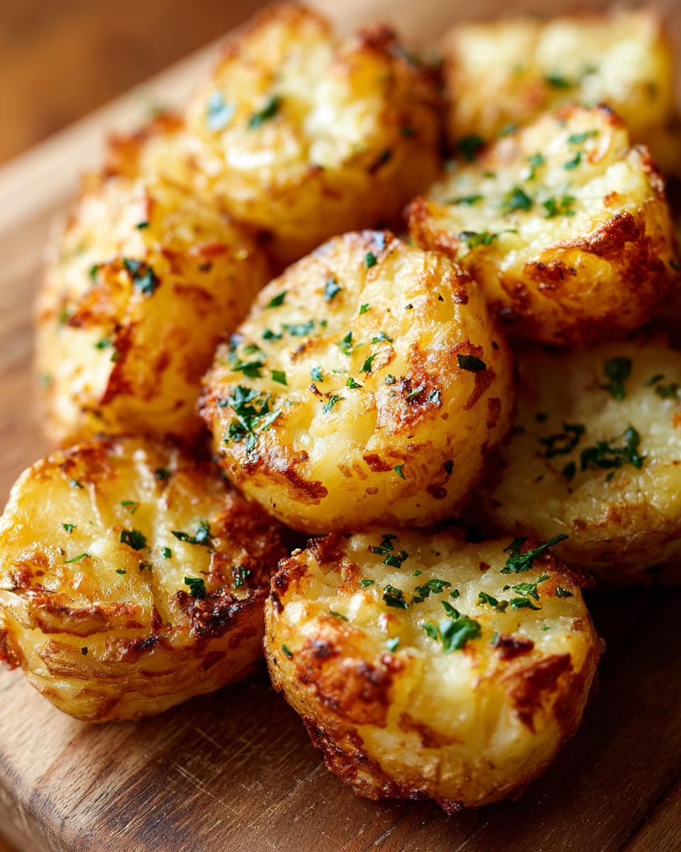 Close-up of golden garlic roasted potatoes garnished with herbs as side dishes.