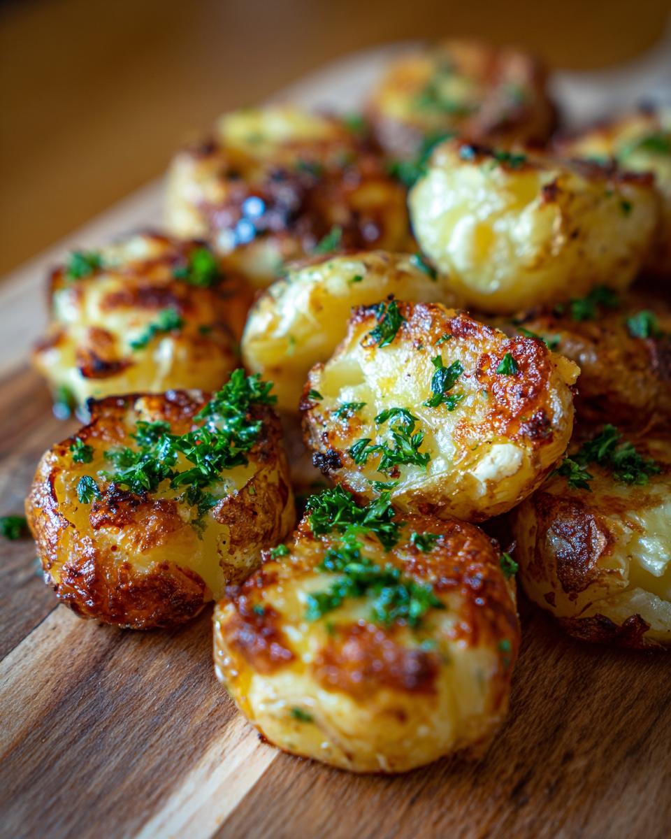 Golden garlic roasted potatoes garnished with fresh parsley, a perfect side dishes option.