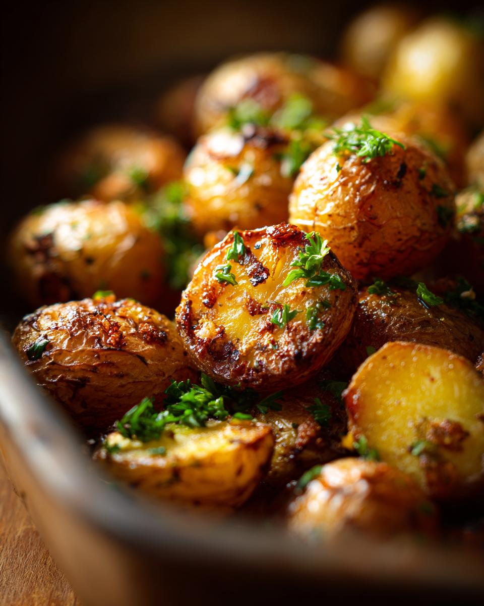 Close-up of garlic roasted potatoes garnished with fresh parsley, a popular side dishes option.