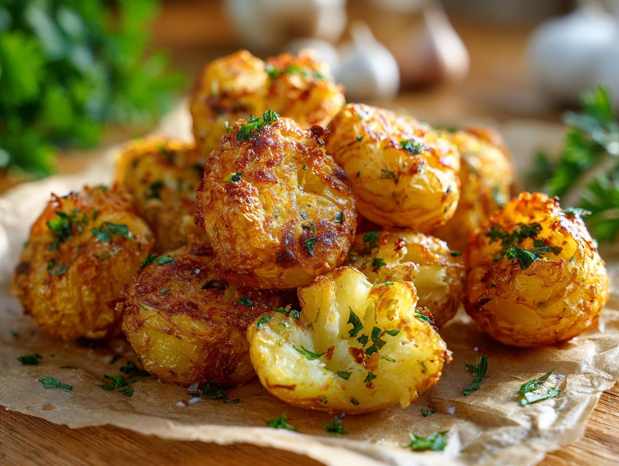 Close-up of golden garlic roasted potatoes garnished with herbs, a perfect side dishes choice.