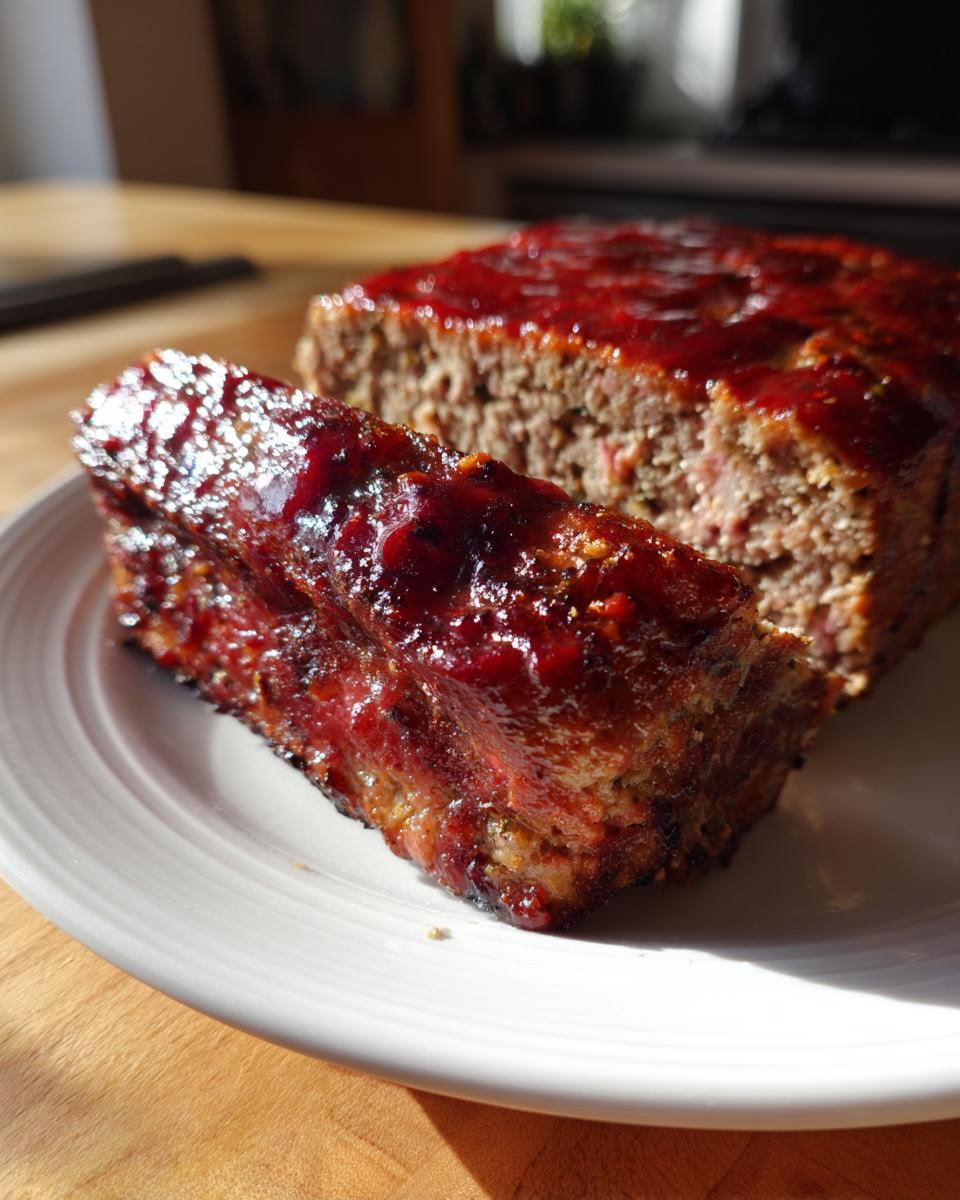 Close-up of a glazed meatloaf slice on a white plate with a larger portion in the background
