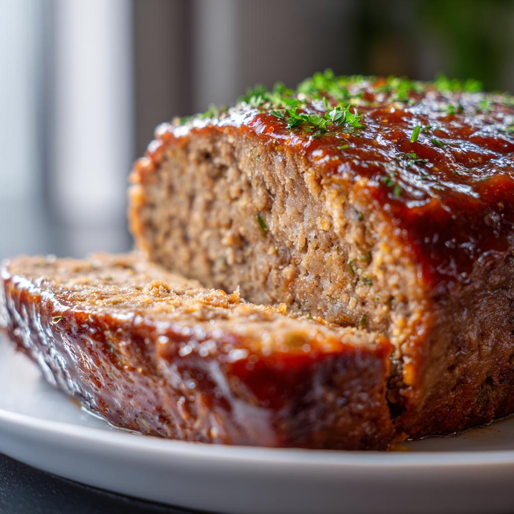 A close-up of a moist sliced meatloaf recipe with a shiny glaze and herbs on top.