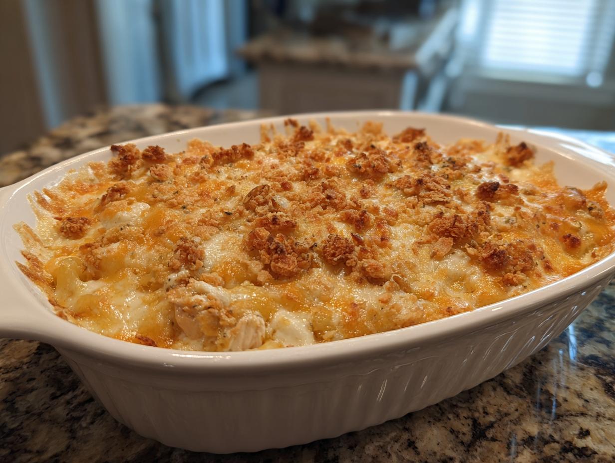 Golden baked chicken casserole with melted cheese and crunchy topping in white ceramic dish