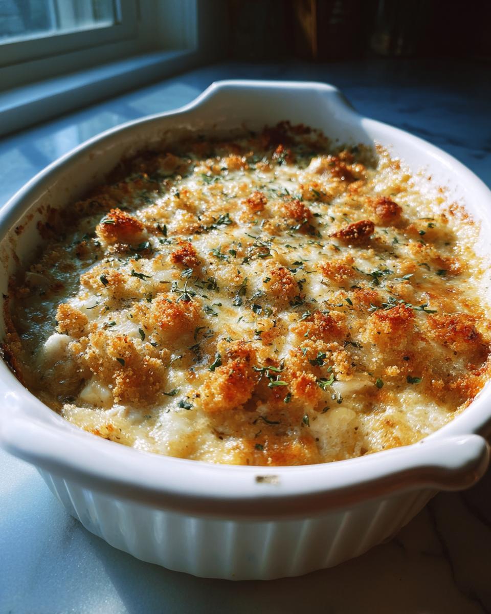 Close-up of a golden crispy chicken casserole topped with breadcrumbs and herbs in a white ceramic dish.