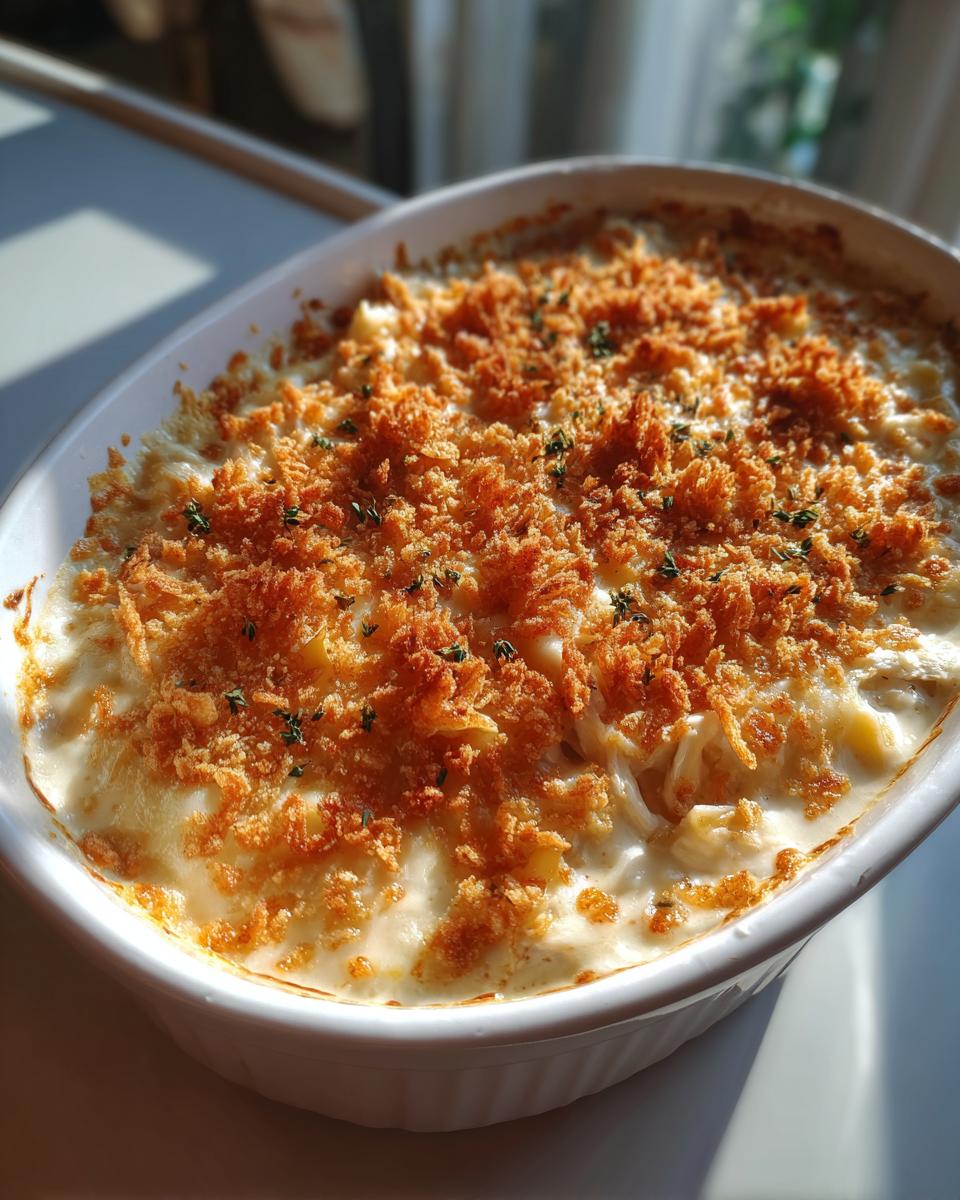 Baked chicken casserole topped with golden crispy breadcrumbs and herbs in a white dish