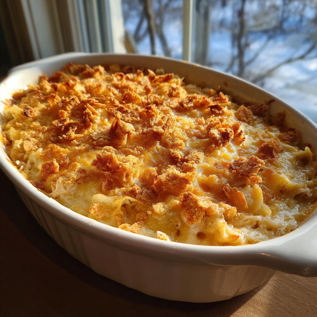 Golden brown chicken casserole baked with crispy topping in white dish by window.