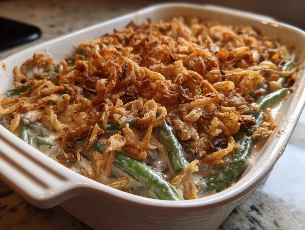 Close-up of a creamy green bean casserole topped with crispy fried onions, ready to serve.