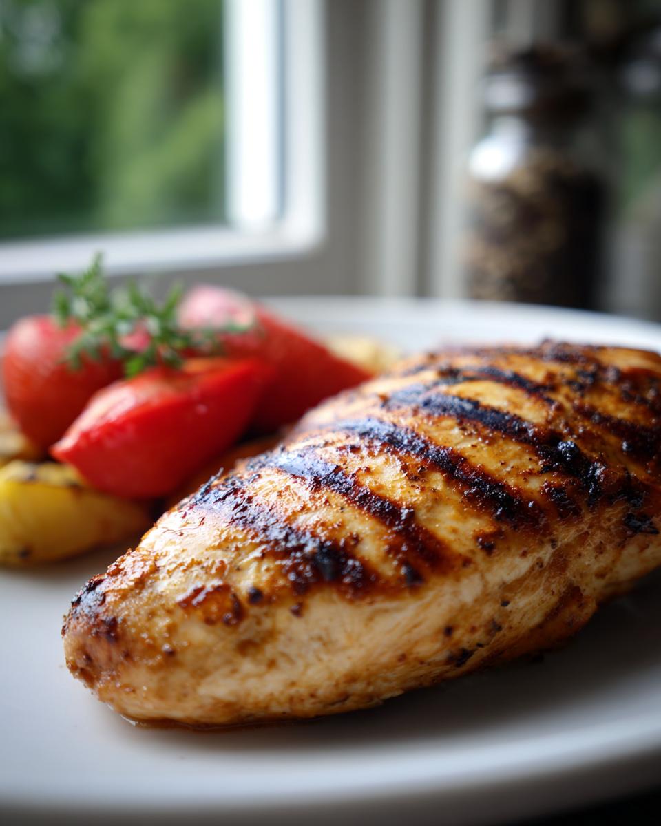 Close-up of a juicy, grilled chicken breast with grill marks, served with roasted tomatoes and potatoes. A great chicken dinner idea.