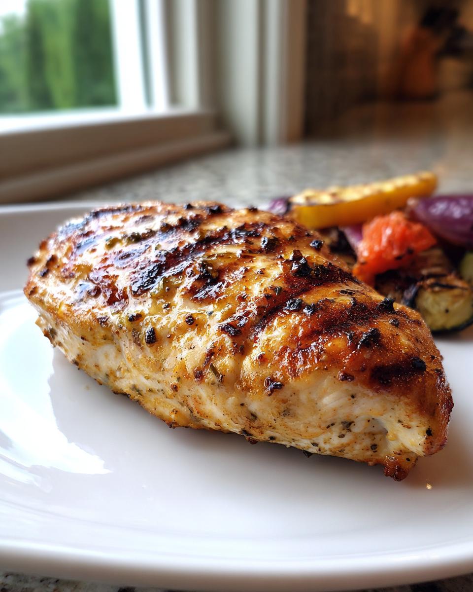 Close-up of a perfectly grilled chicken breast with char marks, served with grilled vegetables. A great chicken dinner idea.