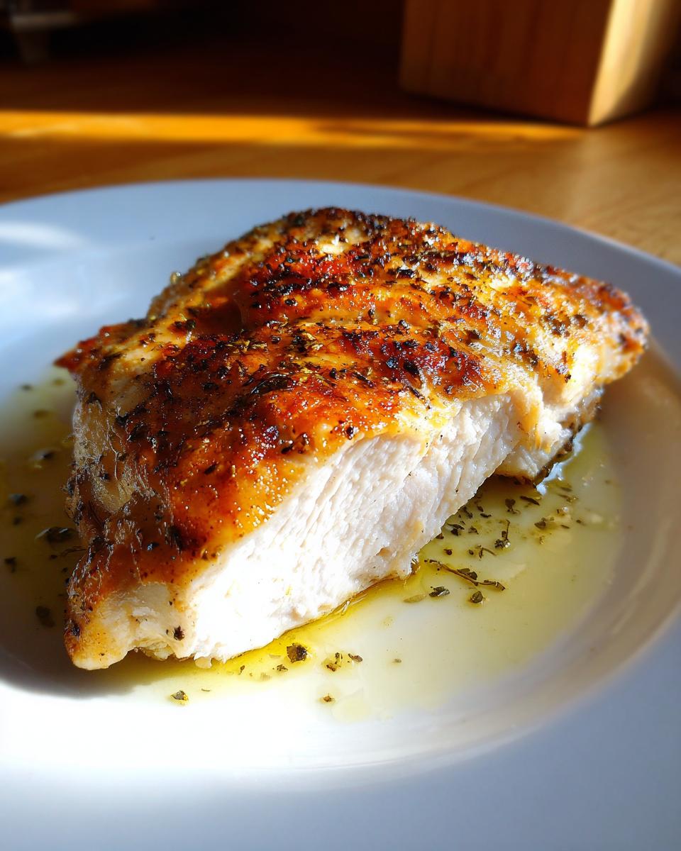 Close-up of a juicy grilled chicken breast seasoned with herbs and spices on a white plate