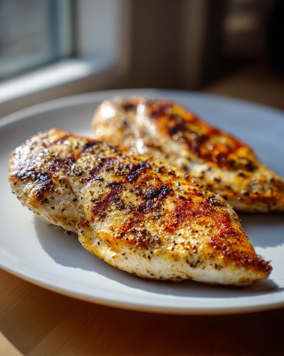 Two perfectly grilled chicken breasts seasoned with herbs and pepper, ready for delicious chicken breast recipes.