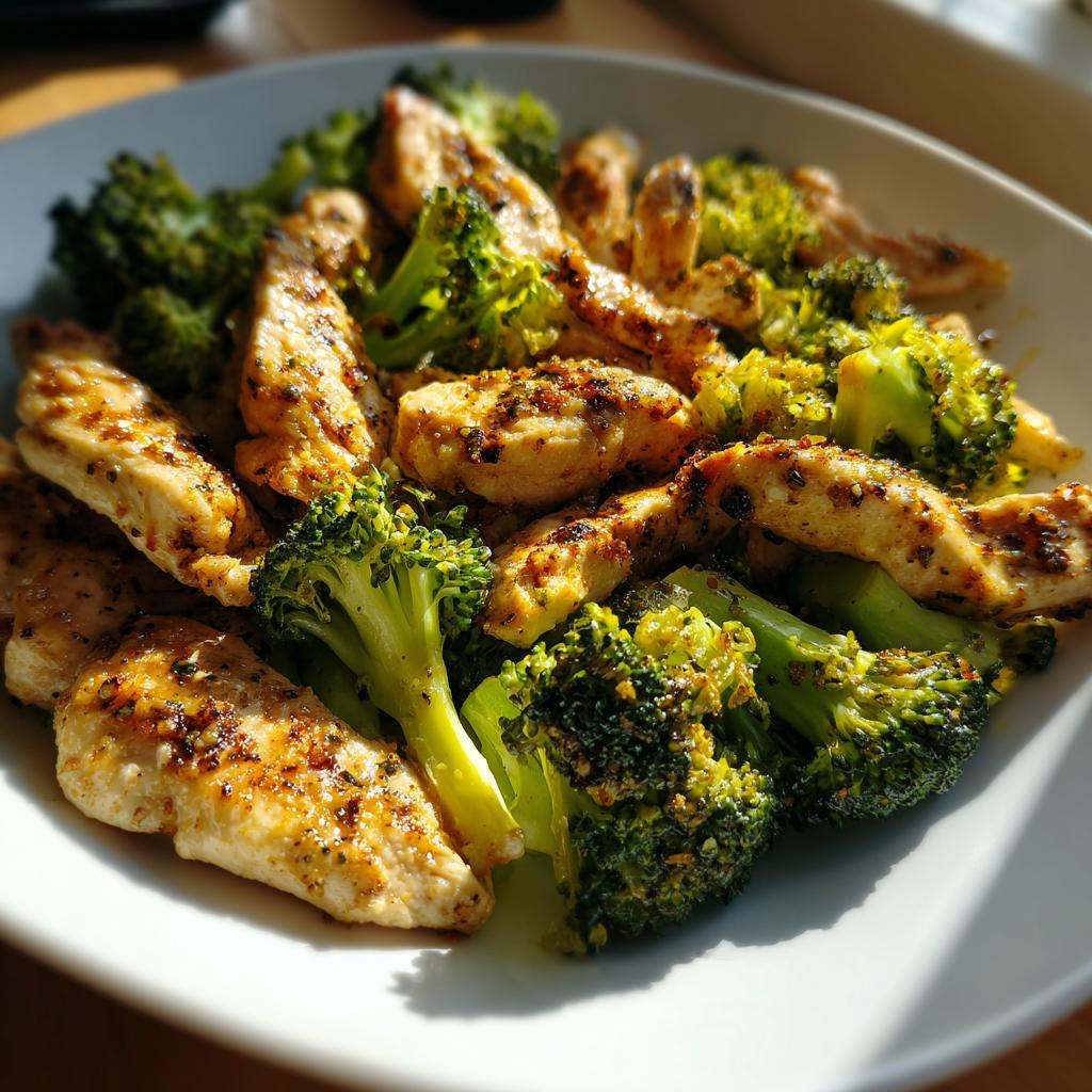 Plate of grilled chicken strips with seasoned broccoli for easy healthy dinner recipes