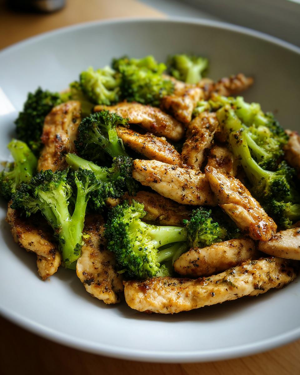 Grilled chicken strips with steamed broccoli in a white bowl, seasoned and ready to eat.