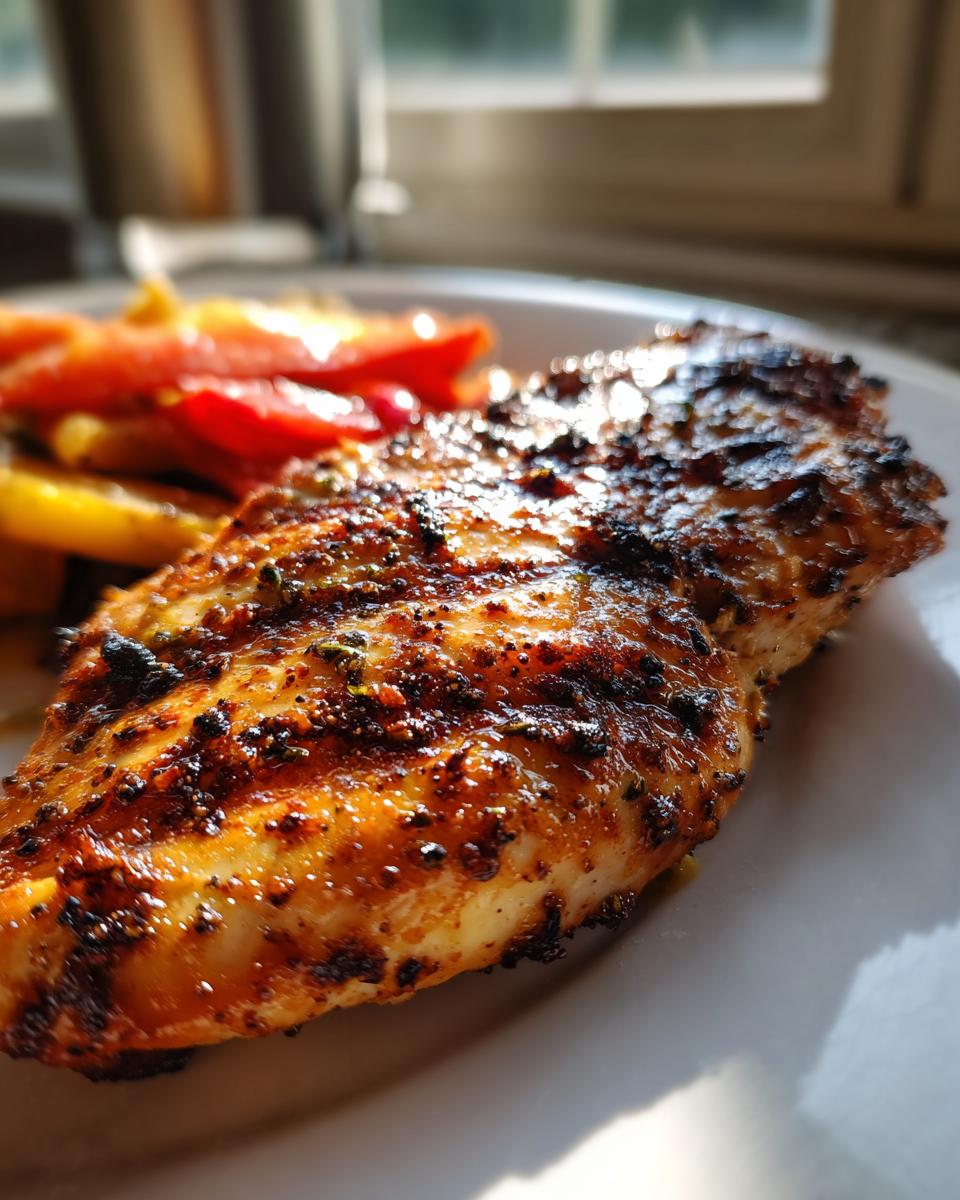 Close-up of a perfectly grilled chicken breast with spices, served alongside roasted vegetables, perfect for chicken dinner ideas.