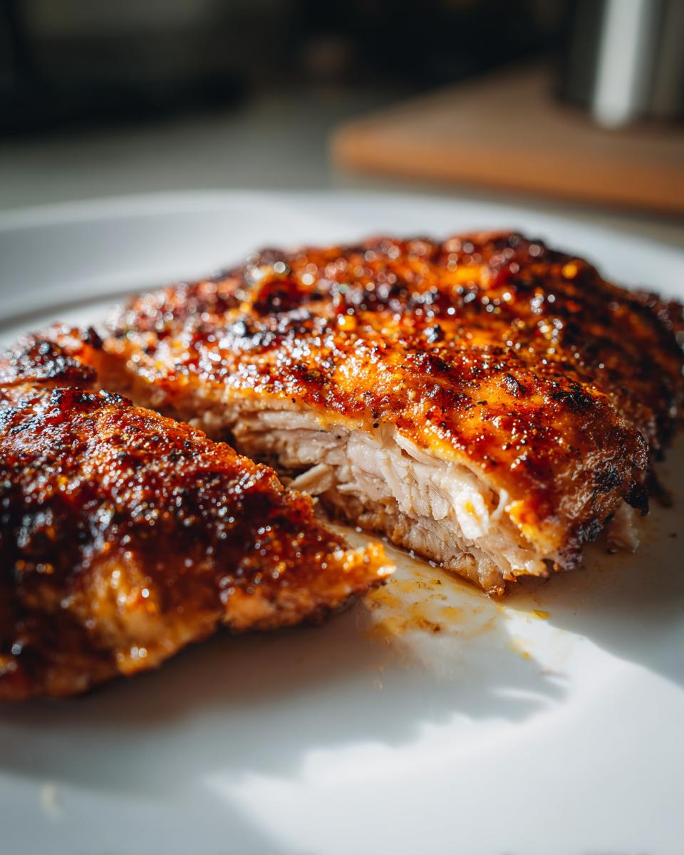 Close-up of a juicy grilled chicken breast with crispy seasoned crust on a white plate.