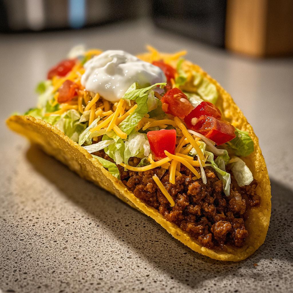 A close-up of a crunchy ground beef taco filled with seasoned ground beef, shredded lettuce, cheese, tomatoes, and sour cream.