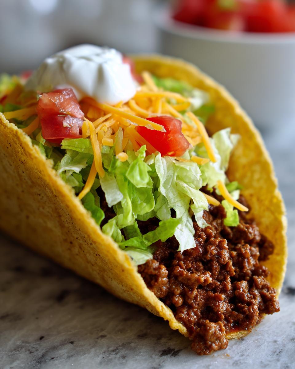 A close-up of a ground beef taco filled with seasoned ground beef, shredded lettuce, cheese, tomatoes, and sour cream.