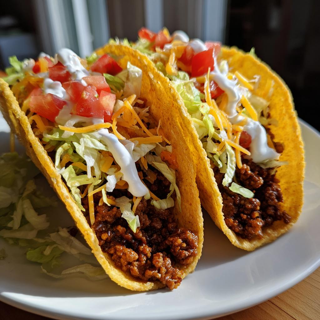 Two crunchy ground beef tacos filled with lettuce, cheese, tomatoes, and sour cream, part of our irresistible taco recipes.