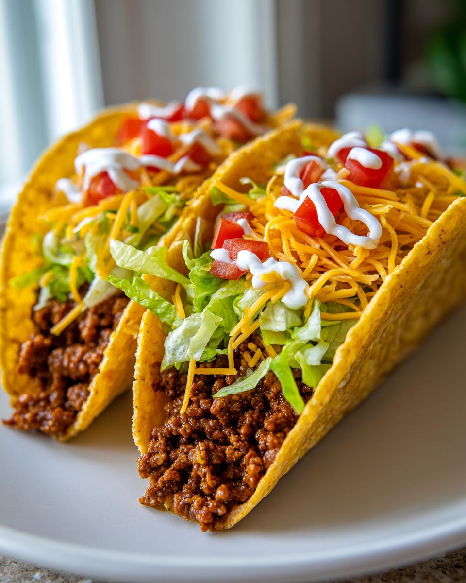 Two classic ground beef tacos filled with seasoned meat, shredded lettuce, cheese, diced tomatoes, and sour cream.