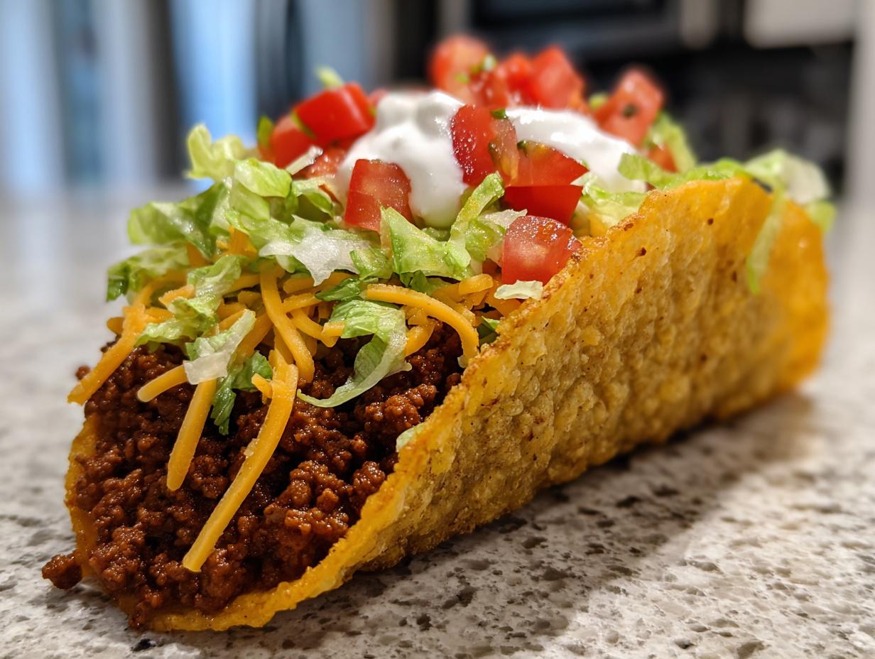 A close-up of a crunchy ground beef taco filled with seasoned ground beef, shredded cheese, lettuce, tomatoes, and sour cream.