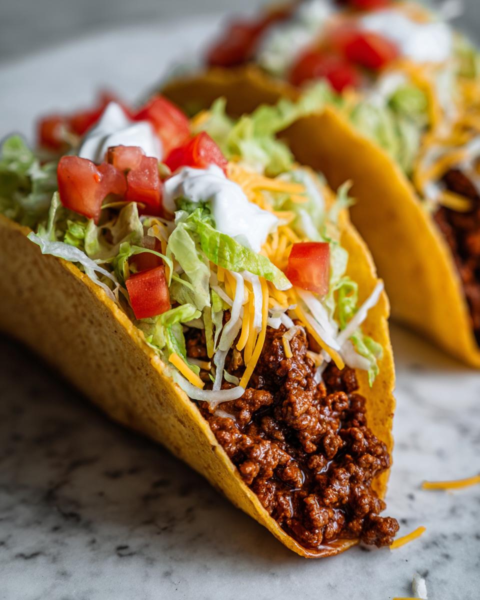 Close-up of a ground beef taco overflowing with seasoned meat, shredded lettuce, cheese, diced tomatoes, and sour cream.