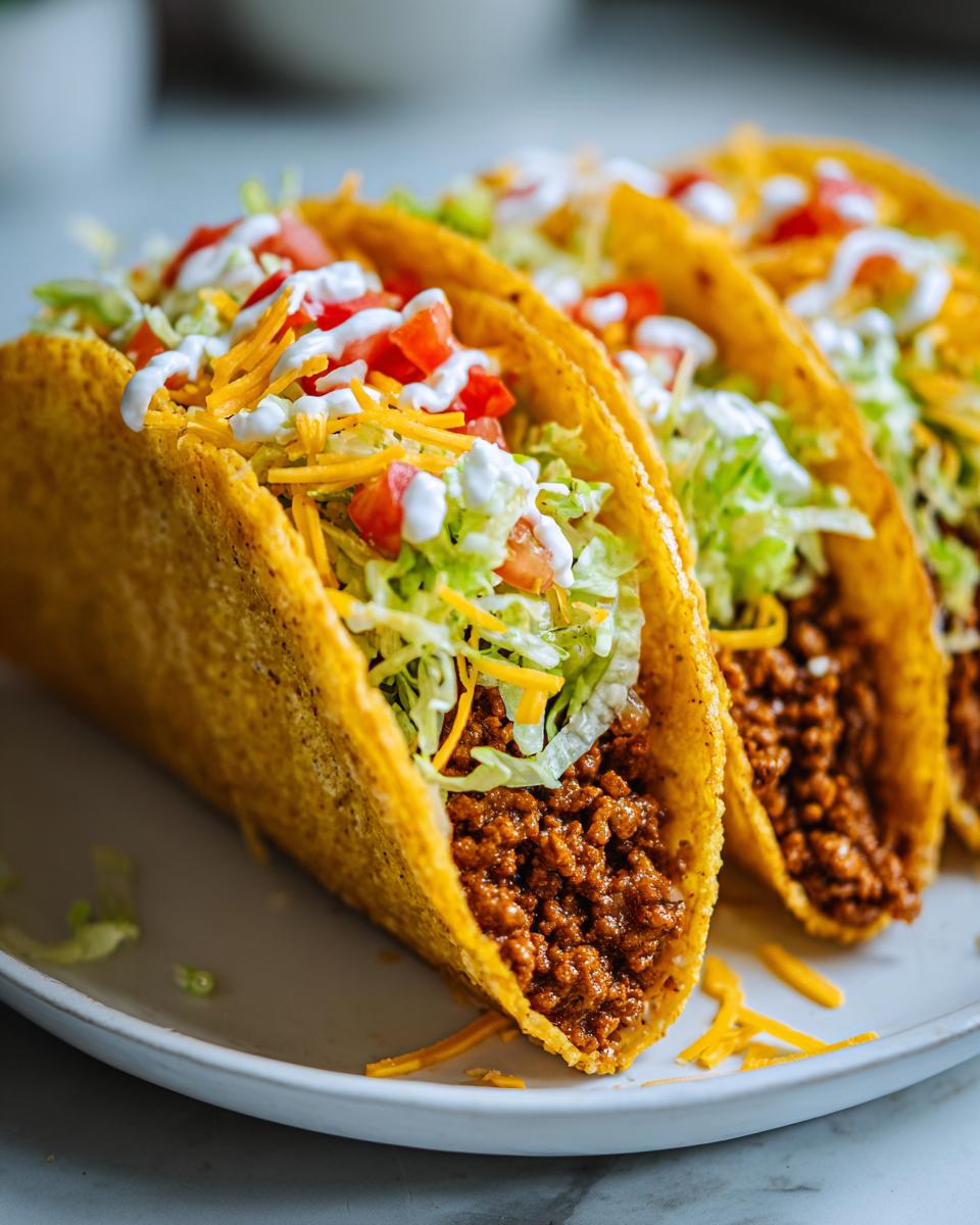 A close-up of three ground beef tacos in crispy shells, topped with shredded lettuce, cheese, diced tomatoes, and sour cream.