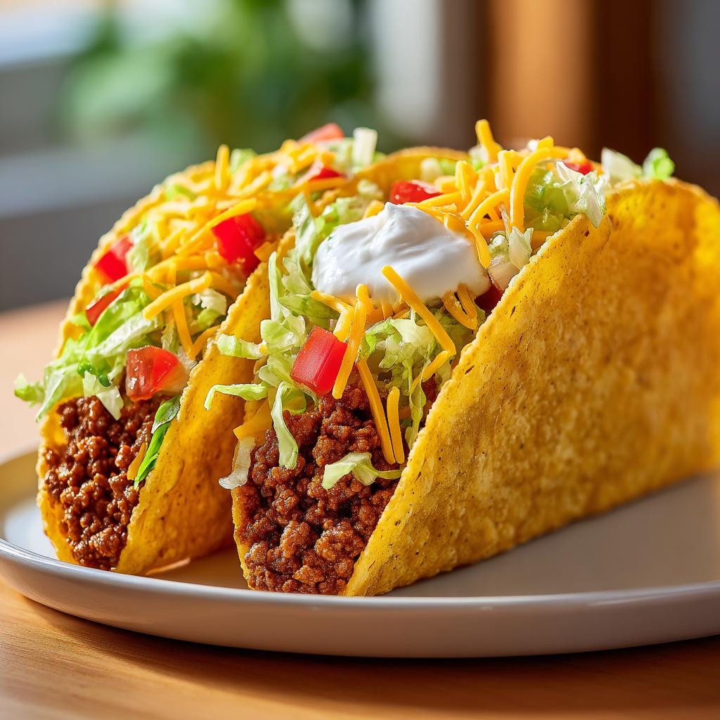 Two crispy ground beef tacos filled with seasoned ground beef, shredded lettuce, diced tomatoes, cheese, and sour cream.