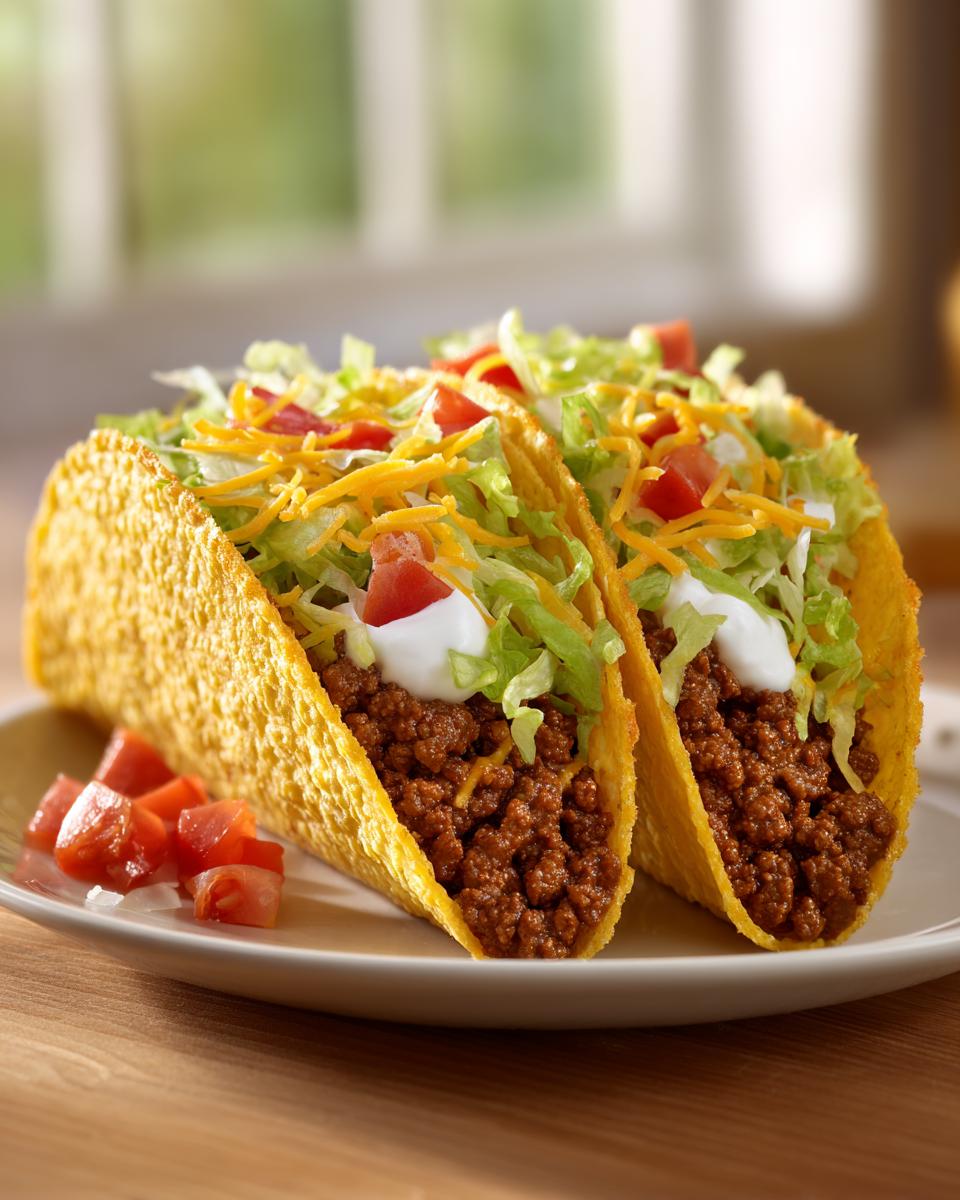 Two crispy ground beef tacos filled with seasoned meat, lettuce, cheese, tomatoes, and sour cream.
