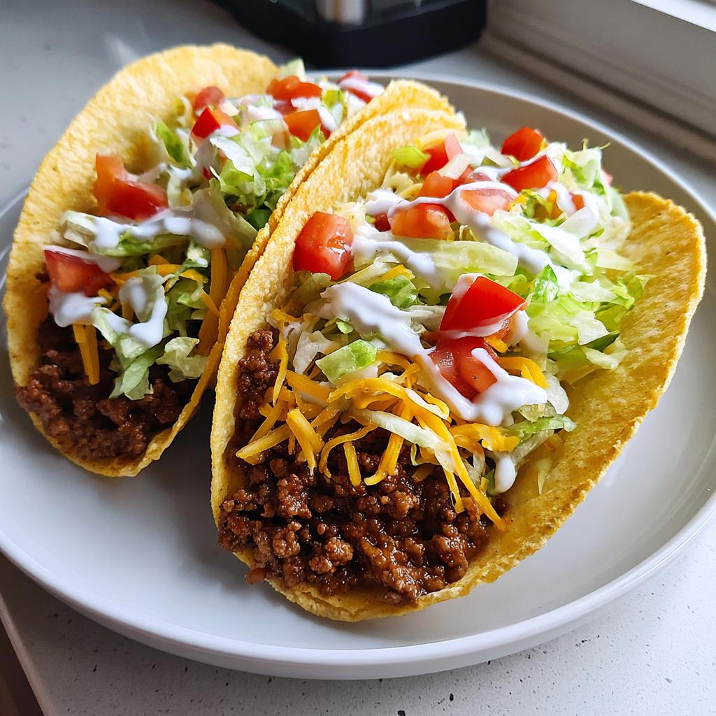 Two ground beef tacos with shredded cheddar, lettuce, diced tomato, and sour cream on a white plate