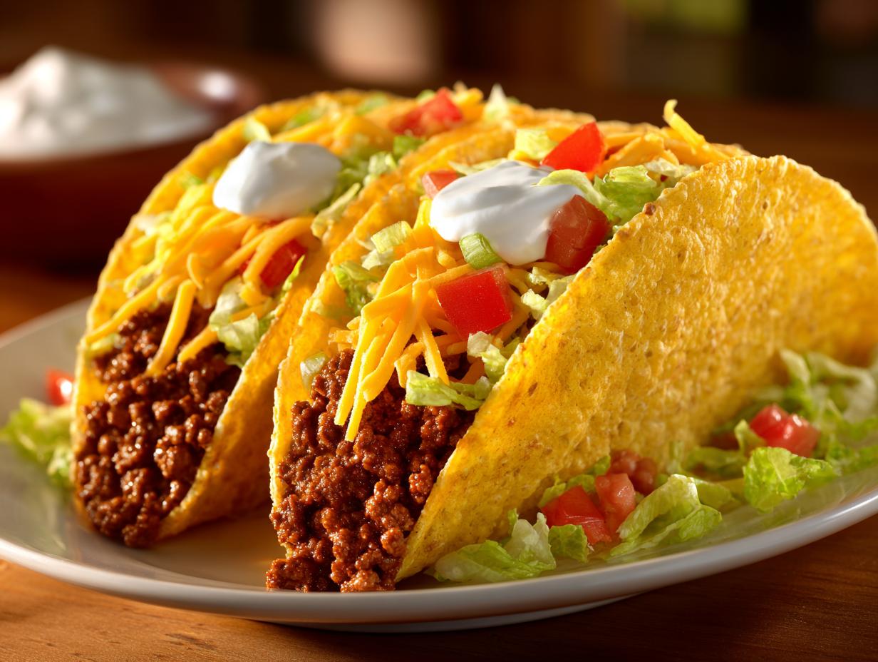 Three savory ground beef tacos filled with seasoned meat, shredded lettuce, cheese, tomatoes, and sour cream.