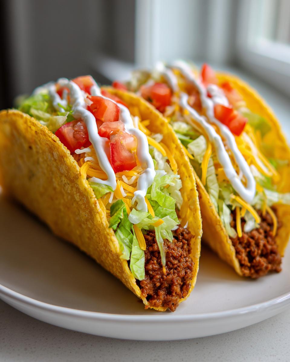 Two crunchy ground beef tacos filled with lettuce, cheese, tomatoes, and sour cream, part of quick taco recipes.