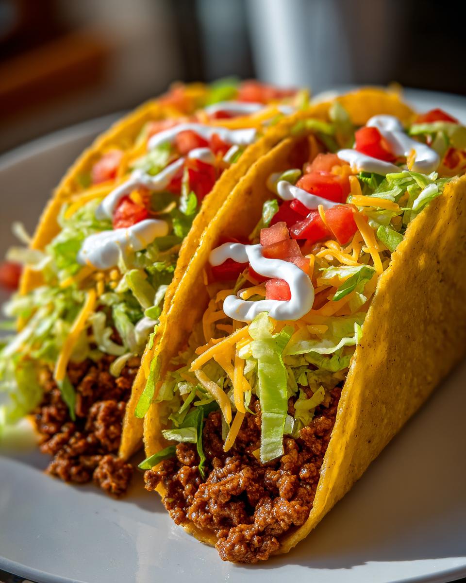 Close-up of two ground beef tacos filled with shredded lettuce, cheese, diced tomatoes, and sour cream.