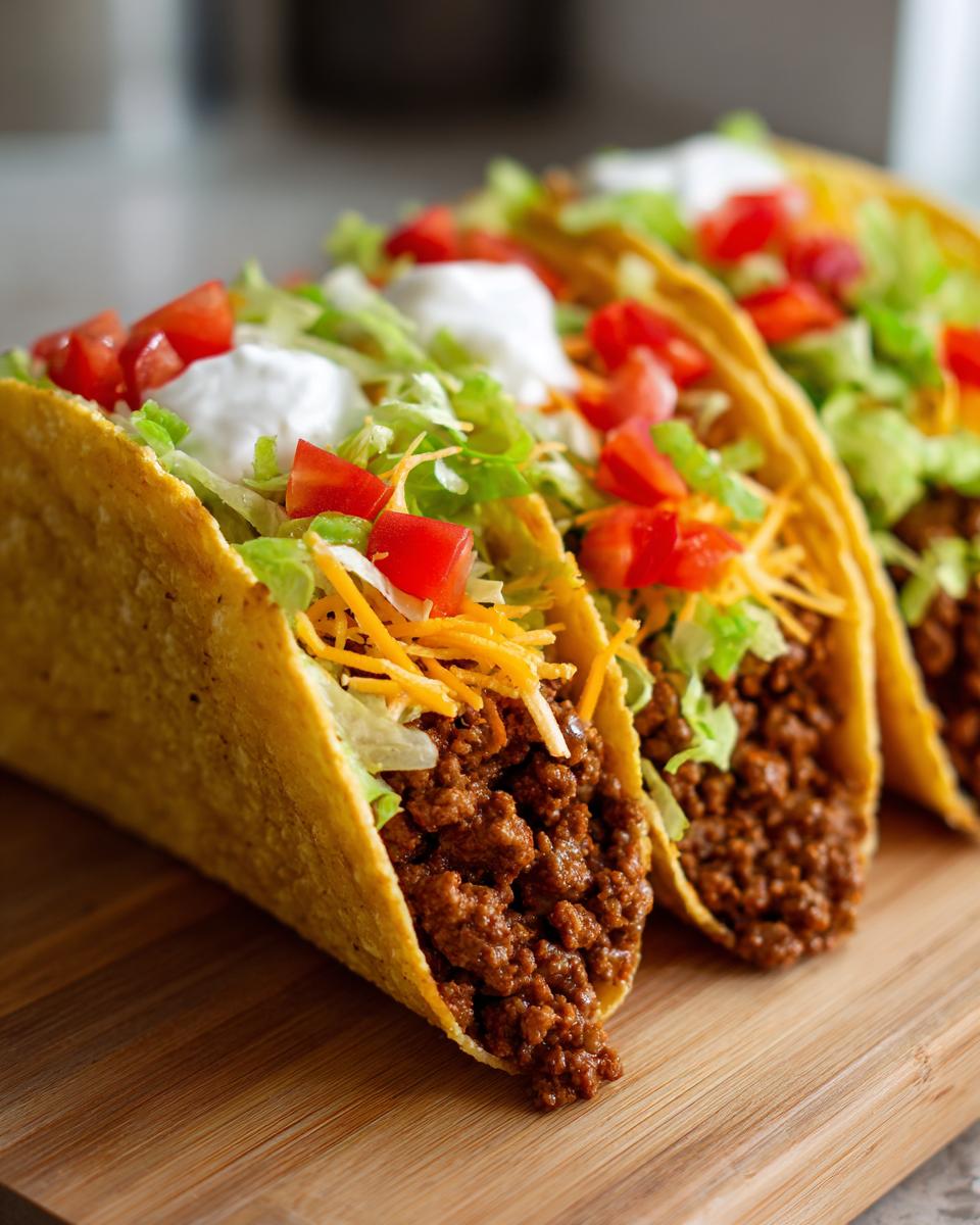 Close-up of three ground beef tacos filled with seasoned meat, shredded lettuce, cheese, diced tomatoes, and sour cream.